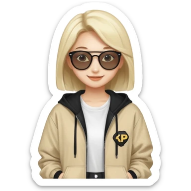 portrait of young woman idol in Kpop style, wearing streetwear outfit, wearing sunglasses sticker