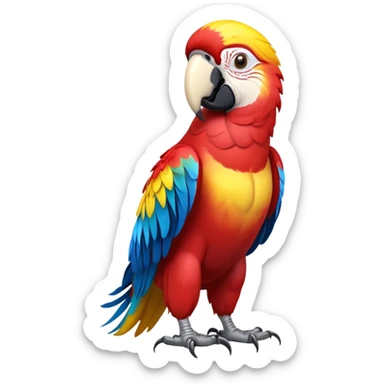 cinematic-macaw-realistic-full-body-standing-emoji,-vibrant-feathers-glowing-with-rich-reds,-blues,-and-yellows,-head-tilted-dramatically,-curved white-beak-gleaming,-piercing-dark-eyes-exuding-confidence,-simplified-yet-realistic-focused sticker