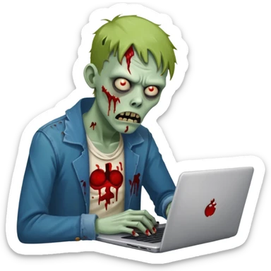 A tired sad zombie behind a laptop sticker