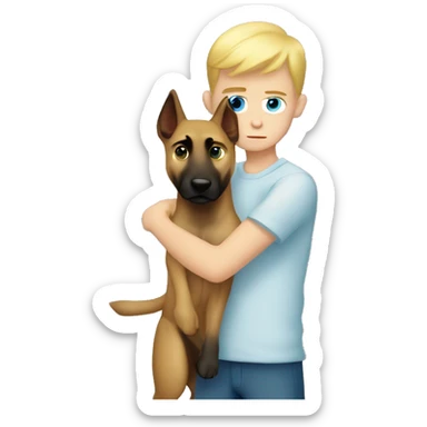 blond boy with blue eyes who hugs his Malinois tightly because he is afraid  sticker