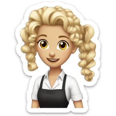Waitress with white shirt and black apron, curly blonde hair in a pony tail, hazel eyes, lots of bohemian/hippie jewelry and lots of bracelets  sticker