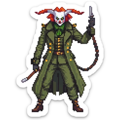 evil clown soldier, bald, black horns on forehead, fangs, pointed ears, eye patch over one eye, long coat over black and military green clothes with bellbottom pants, tail, holding a different style of whip, realistically proportioned, less bulky, full body, fighting stance sticker