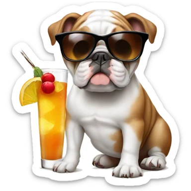 Brown white bulldog with sunglasses & a cocktail sticker