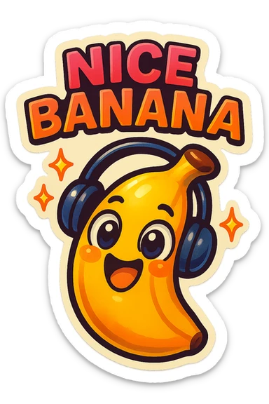 Funny cartoon banana, big happy smiling face, wearing tiny headphones, wide excited eyes, tiny sparkles around, text above: "NE BANANA", chibi style, Twitch emoji style, colorful, transparent background sticker