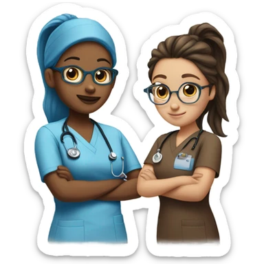 Best friend nurses in blue scrubs one has glasses with long hair in a pony tail, the other has long dark brown hair with freckles sticker
