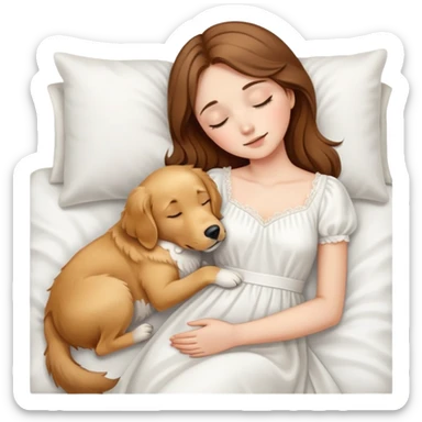 A cute girl with brown hair, white dress sleep with one golden retriever dog sticker