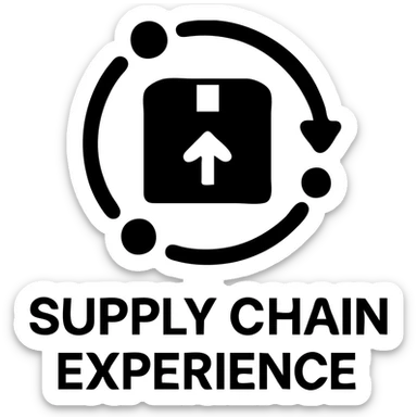 Minimalistic icon for 'Supply Chain Experience' incorporating a logistics symbol, designed in a solid black filled style, with a modern and sleek appearance. sticker