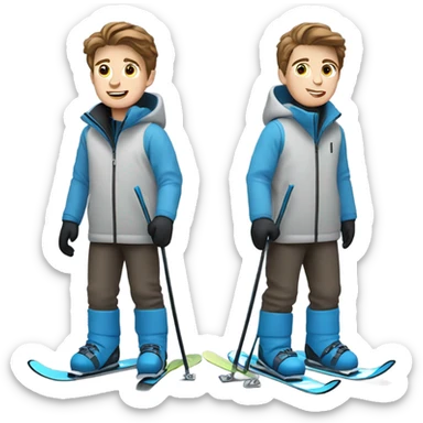 White boy with brown hair skiing on blue skis. Wearing a light gray coat. And a pair of black snow pants.  sticker