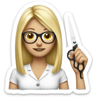 blonde woman with glasses holding scissors sticker