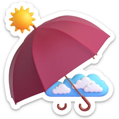 burgundy umbrella with a sun and clouds design in 3D emoji style sticker