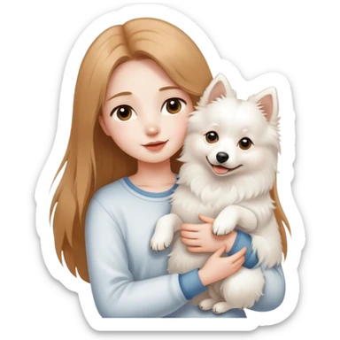 long light brown hair girl with pale skin holding one white Japanese spitz dog in her arms sticker
