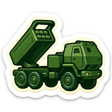 Create an emoji of HIMARS based on the provided photo. Style: emoji, side view, six rocket tubes, cabin, raised launcher, military green color, no background, maximally simplified version. sticker