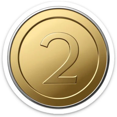 Emoji icon of a metal coin with engraved number 2, minimalist style, isolated, only metal color sticker