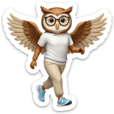 friendly anthropomorphised owl with wings instead of arms, in pants and a shirt, wearing glasses, jogging upright, relaxed pose sticker