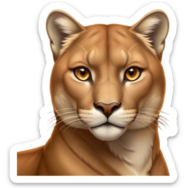 Cinematic Noble Cougar Portrait Emoji, Poised and regal, with a lithe, muscular build and a sleek, tawny Fur with subtle dark accents, deep-set soulful amber eyes, Simplified yet sharp and sophisticated features, highly detailed, glowing with a warm, dignified glow, high shine, intelligent and stealthy, stylized with an air of wild elegance, focused and attentive, soft glowing outline, capturing the essence of a watchful and confident predator, so majestic it feels as though it could silently pounce out of the screen with effortless authority! sticker