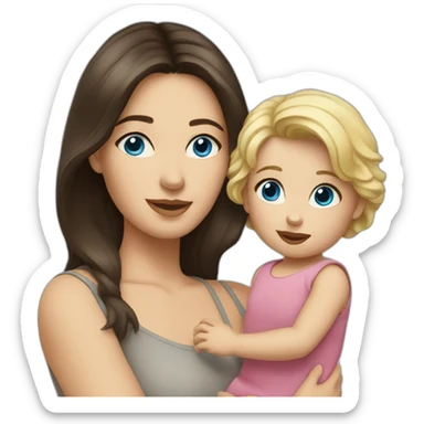 Brunette woman with blue eyes holding blonde toddler girl with blue eyes sticker