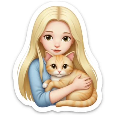 pretty woman with pale skin, very long blonde hair hugging a cat sticker