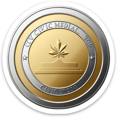 A silver coin type medallion with the words 'Civic Medallion' on it sticker