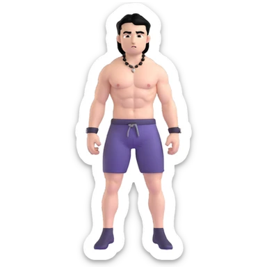 young white man with black hair, muscular, shirtless with prominent nipple piercings, nipple rings sticker