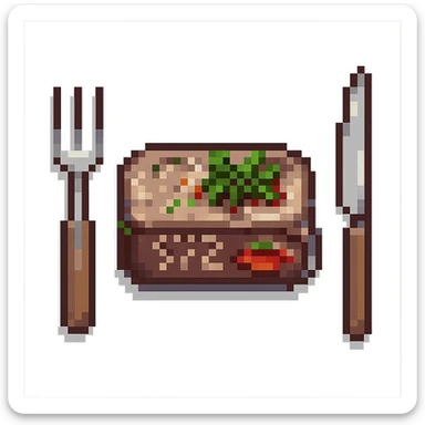 Add a fork and knife next to the steak in pixel art style. Keep the pixel art style and no background. sticker