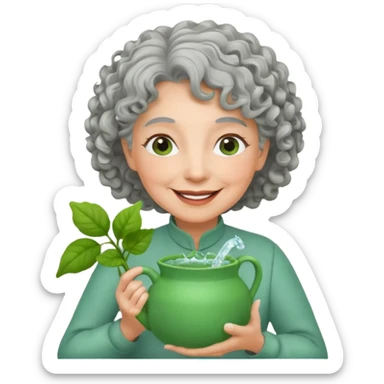Older female florist – curly hair, holding garden water pot sticker