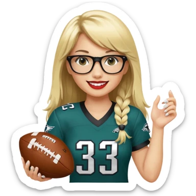 full length women wearing eagles uniform, long blonde hair, even bangs, black glasses, holding football, number 33, smiling, lipstick sticker