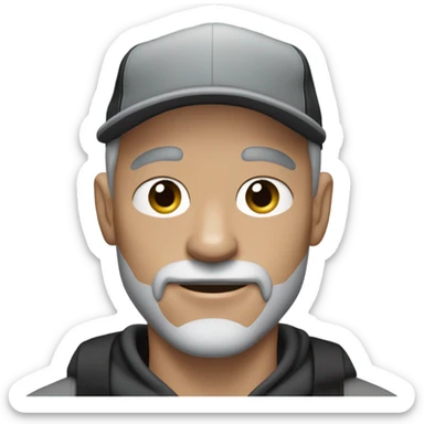 blue eyed man, with grey hair,  grey goatee, wearing ball cap, holding long hair black chihuahua sticker