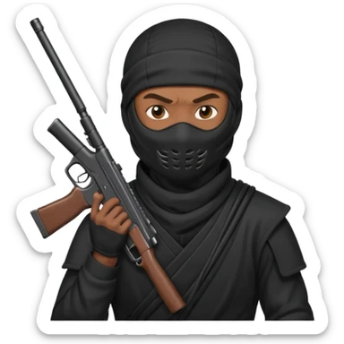 A black male in a ninja mask with a gun sticker