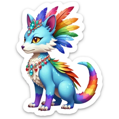 Kawaii cute colorful rainbow-colored warm-colored exotic tropical beautiful pretty elegant divine edgy feline-vernid-sergal-Fakémon-Pokémon-fursona-animal-creature with accessories, jewelries, full body, with intricate detailed markings, feathers, crystals, fins, scales, headdress sticker