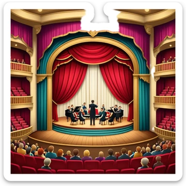 An icon depicting a theater stage with actors performing a play, illuminated by dramatic lighting. The audience watches from colorful balconies, while an orchestra plays in the pit, creating an immersive atmosphere. transparent background. sticker