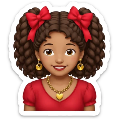 Brownskin girl dark brown hair fluffy. pigtails with red bows brown eyes smiling closed mouth red shirt gold esrrings gold necklace sticker