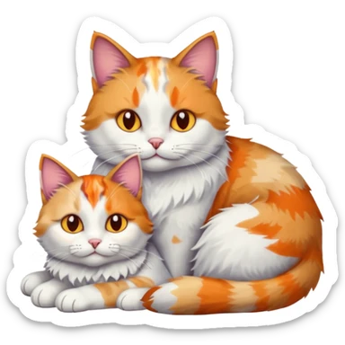 large grey and white cat cuddling a colourful light patched calico + white tabby cat sticker