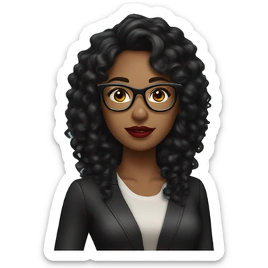 woman dark tan skin with long black curly hair, red lipstick wearing eyeglass sticker