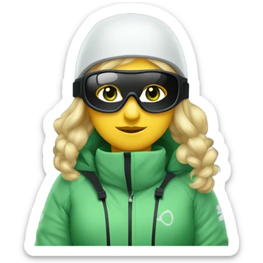 Green-eyed, fat female skier with medium-length straight blonde hair not plaited, snow goggles on helmet, white ski helmet, gray snow jacket, green ski gloves, long black pants rolled up at the bottom, black only snow boots standing tall. sticker