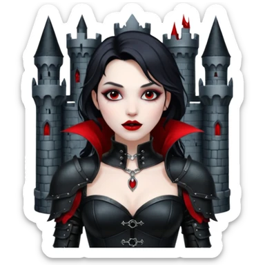 Vampire woman in black leather armor, exposed shoulders, cold desire, gothic castle interior sticker