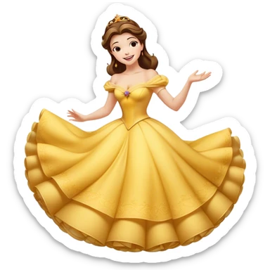 Cinematic Playful Belle Portrait Emoji, Spinning joyfully in her ball gown, arms outstretched, a radiant smile lighting up her face, exuding an enchanting blend of fun and elegance! sticker