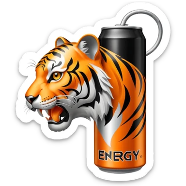 energy drink with with silver background color and a tiger on it also have sign and written as like energy drinks sticker