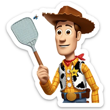 Woody from toy story with a fly swatter hitting a fly sticker