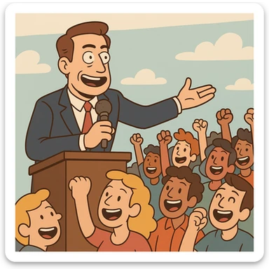 Le président parle à la foule, style cartoon, micro, public enthousiaste, couleurs vives sticker