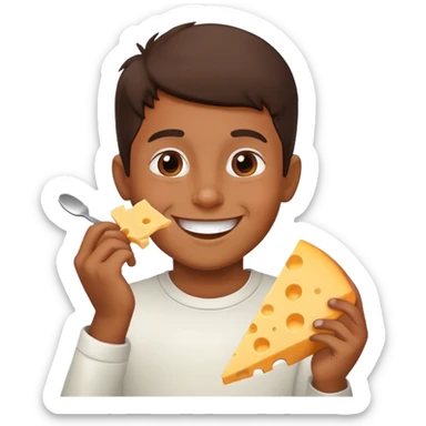 Brown boy eating cheese, really happy sticker