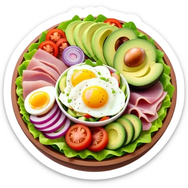 A chef salad with meat, cheese, egg, tomato, ham, avocado, cucumbers, purple, onions, and bell pepper sticker