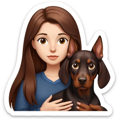 A girl with long brown hair is holding a Doberman sticker
