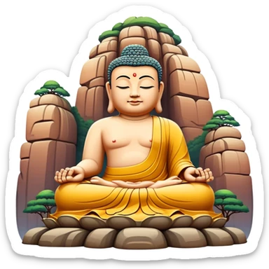 Leshan Giant Buddha massive stone statue, simplified emoji style with bold outlines and bright colors, cartoon style sitting Buddha carved in cliff sticker