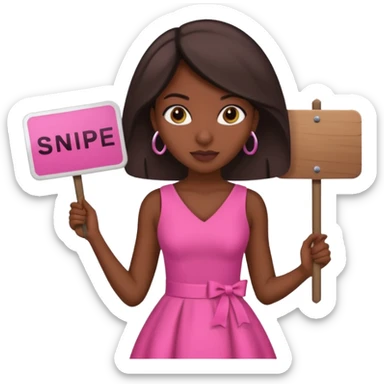 Dark skin woman with black bob in hair holding sign that says snipe  wearing pink dress  sticker