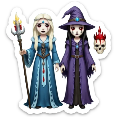 An attractive Alaskan princess, full body, Standing next to a wizard In the style of your bleeding skull art. Dark gritty and menacing  sticker