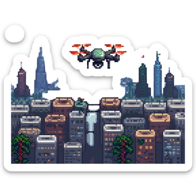 pixel art drone above a cityscape with bright lights sticker