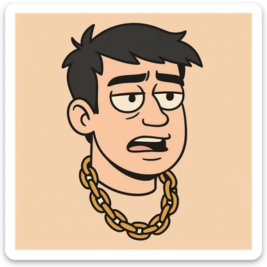 floating head of a guy with black hair and a rapper chain, stylized, modern flat toon style illustration, bold lines sticker