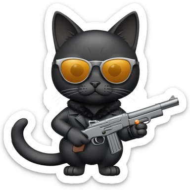 black cat with sunglasses and a gun sticker