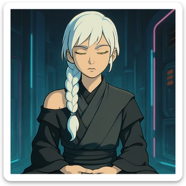  a closeup portrait of young woman with gold yellow eyes, white hair, long braid, black off-shoulder top, punk gothic style, futuristic cyberwave cyberpunk,  jedi attire, kneeling and gathering chi, jedi meditate, eyes closed hands at full rest sticker