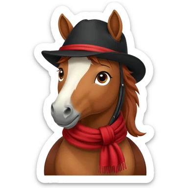 fabulous funny winter horse in a black hat cap with a red scarf sticker
